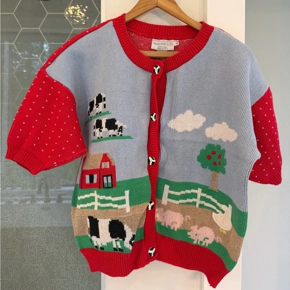 VINTAGE SWEATER LOFT SHORT-SLEEVE BUTTON-UP FARM-THEMED SWEATER - LARGE - Picture 1 of 6
